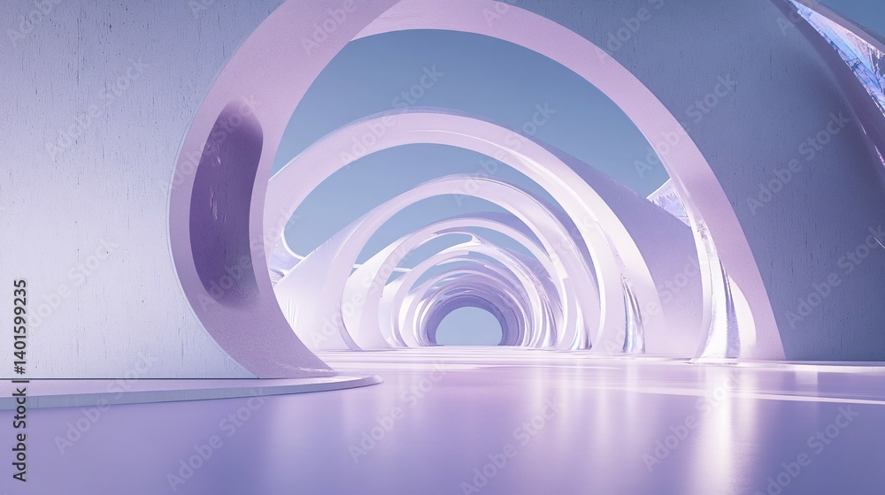 Obraz premium Abstract architectural hallway with arches in pastel colors creating a futuristic design.