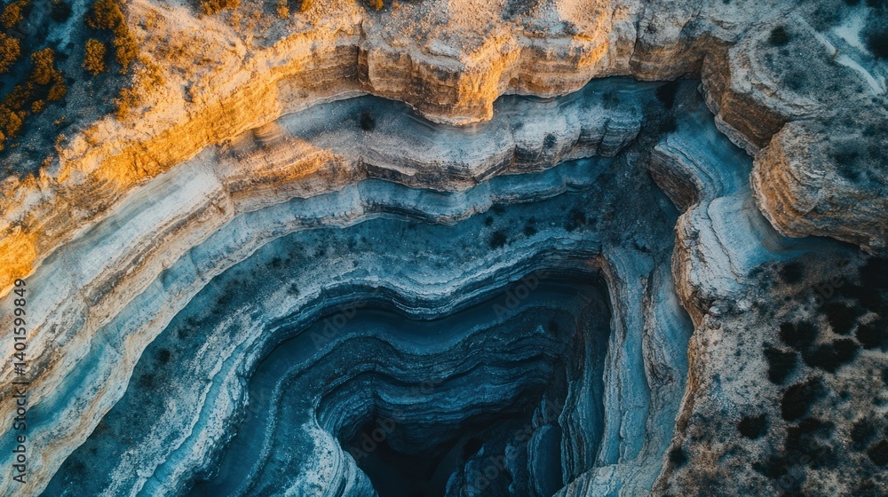 Aerial View of a Stunning Geological Formation: Layers of Blue and Gold Rock Aerial View of a Stunning Geological Formation: Layers of Blue and Gold Rock