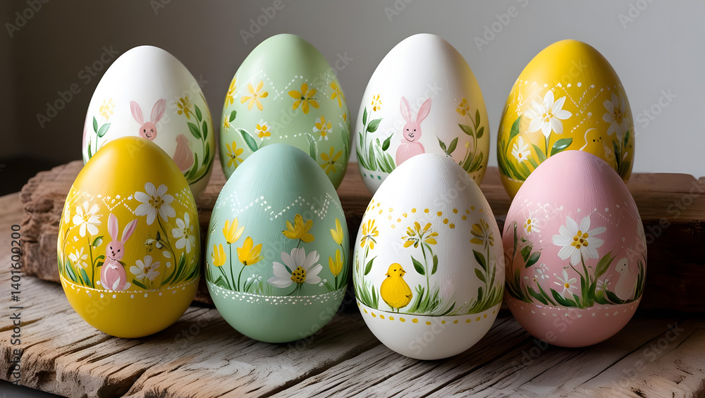Fototapeta premium A vibrant Easter scene featuring colorful eggs, playful bunnies, and floral patterns, celebrating springtime, family traditions, and festive joy, perfect for holiday cards and seasonal designs.