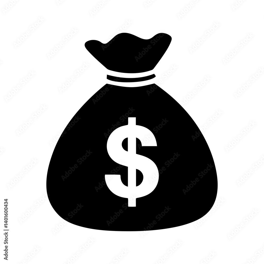 Stylish Black Money Bag Icon with Dollar Sign for Financial Themes Stylish Black Money Bag Icon with Dollar Sign for Financial Themes