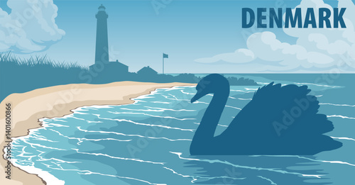 vector panorama of Denmark with mute swan near Skagen Lighthouse