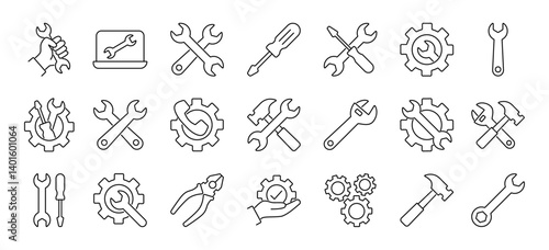 Tools and service line icon set. Wrench, screwdriver, pliers and gear vector icons. Adjustment, repair and service sign. Editable stroke. Vector illustration.