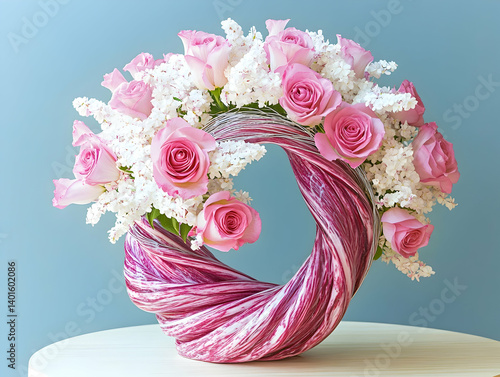 Pink roses and white flowers arranged in an ornamental vase on a table against a blue background