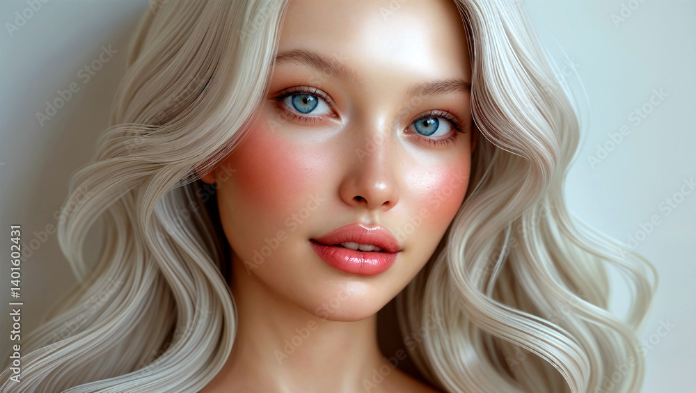 Fototapeta premium A young woman with flowing platinum blonde hair and delicate, rosy cheeks, exuding ethereal beauty against a soft, neutral backdrop