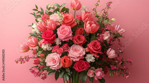 Pink-themed flower bouquet with roses and tulips on a matching pink backdrop