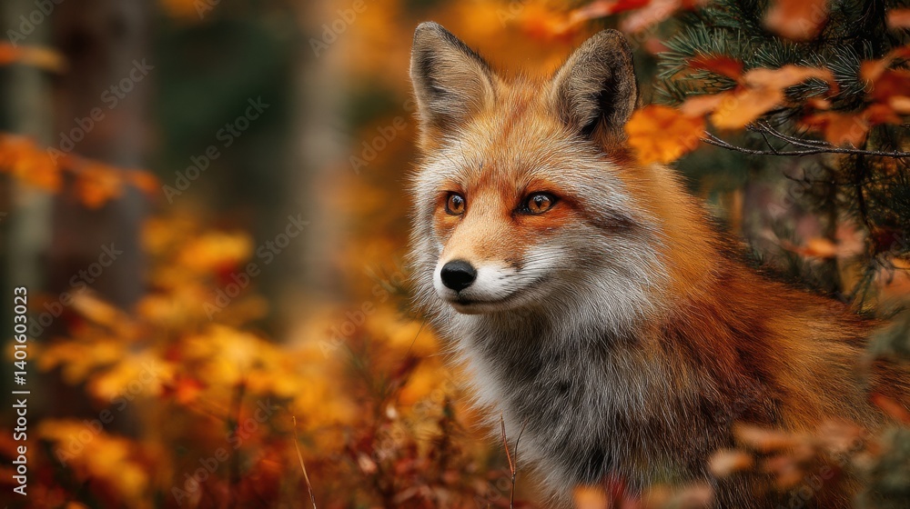 Fototapeta premium A red fox stands gracefully in a lush autumn forest, showcasing its beautiful fur as vibrant leaves of orange and yellow create a stunning backdrop in the tranquil scene