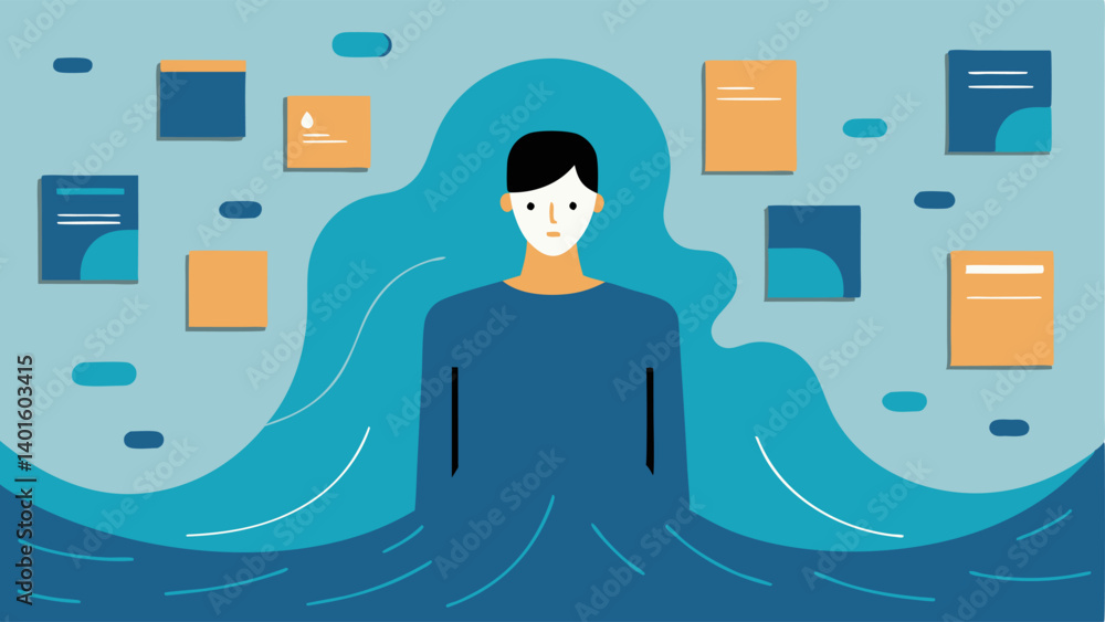 Lost in the Feed An abstract depiction of a figure submerged in a sea of digital content. The body is partially transparent blending into a collage of text and images that form a