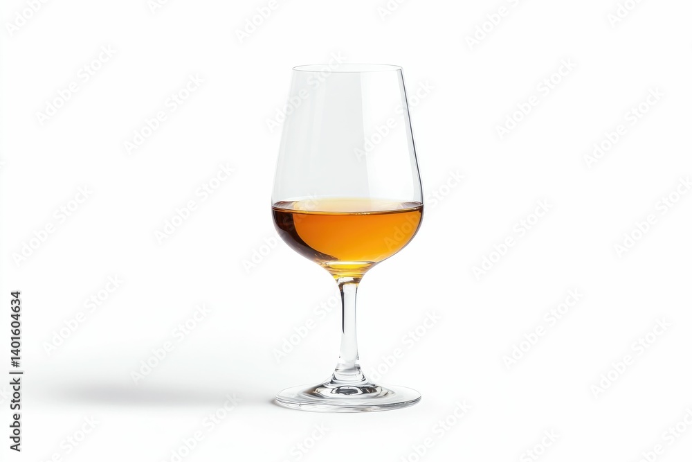 Serving of Amber Liquor in Elegant Glass Against Clean White Background Serving of Amber Liquor in Elegant Glass Against Clean White Background
