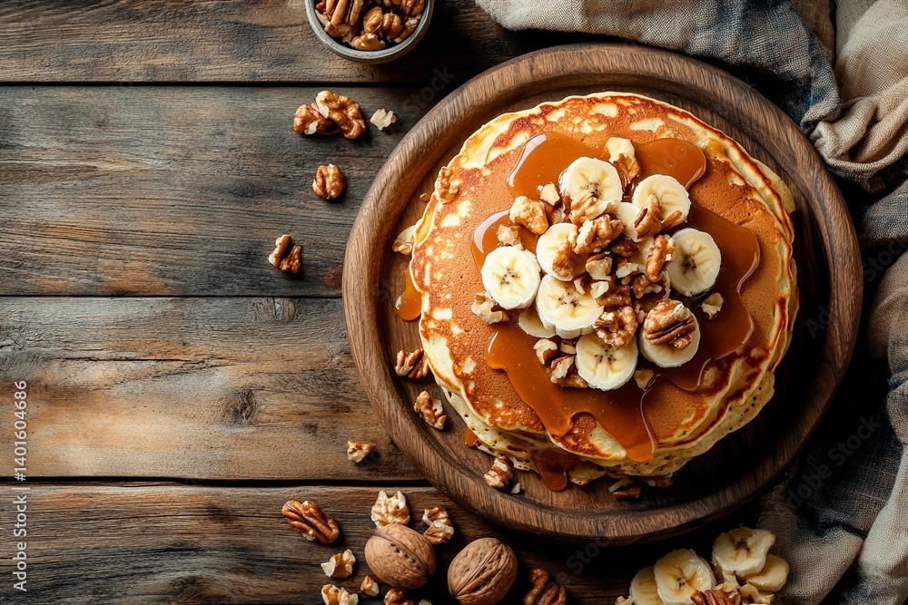 A beautifully arranged stack of pancakes sits on a wooden platter, garnished with sliced bananas, chopped nuts, and a drizzle of syrup. The rustic table enhances the warm, inviting atmosphere A beautifully arranged stack of pancakes sits on a wooden platter, garnished with sliced bananas, chopped nuts, and a drizzle of syrup. The rustic table enhances the warm, inviting atmosphere