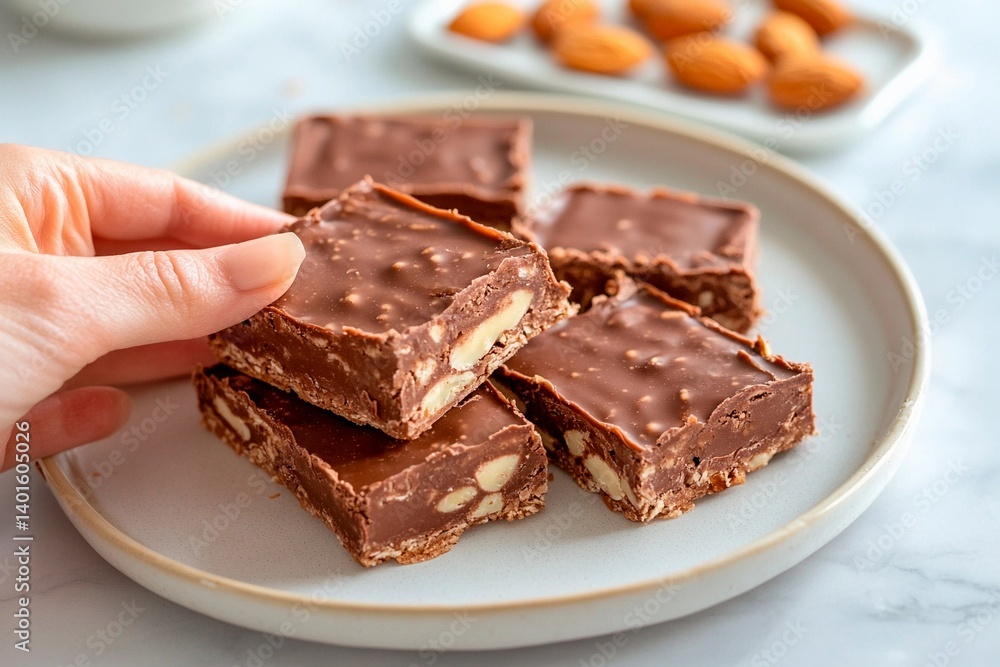 Delicious homemade chocolate fudge featuring crunchy nuts is served on a simple plate. The warm afternoon light illuminates this sweet treat, inviting indulgence Delicious homemade chocolate fudge featuring crunchy nuts is served on a simple plate. The warm afternoon light illuminates this sweet treat, inviting indulgence