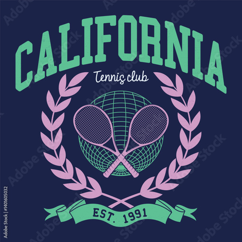 California Tennis club graphic print design. Racket tournament. Tennis college league. College Typography.