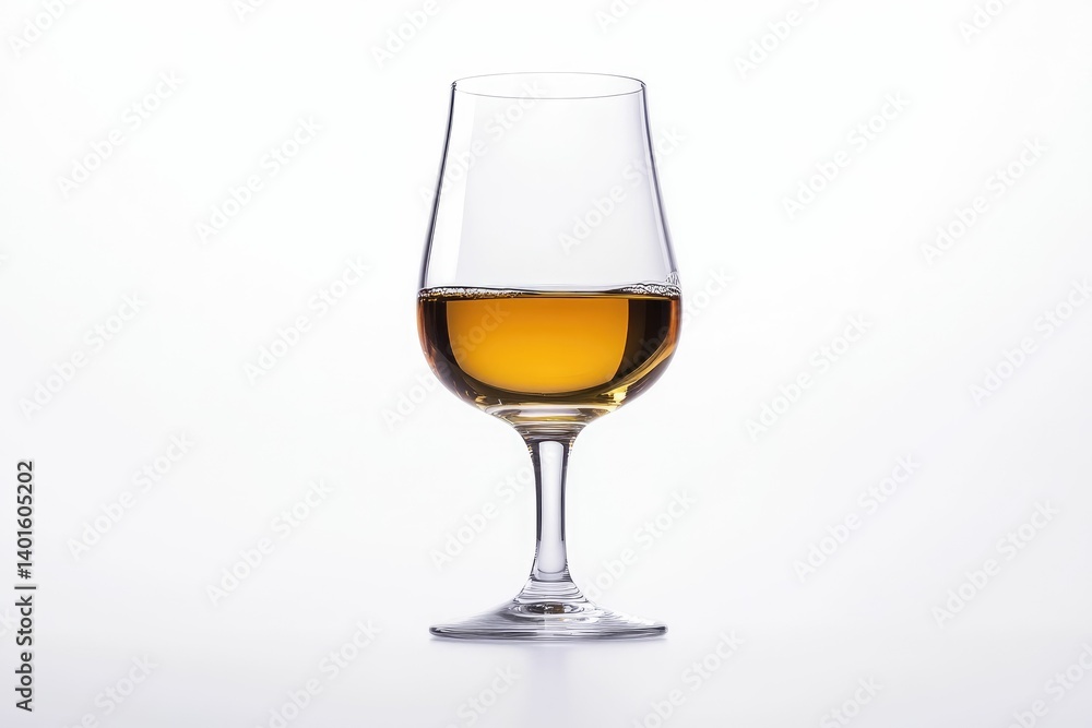 Serving of Golden Liquor in Elegant Glass on White Background Serving of Golden Liquor in Elegant Glass on White Background