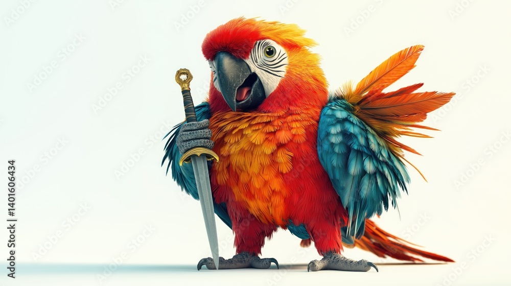 Parrot with Sword. A vibrant parrot, standing proud, holding a sword. Colorful plumage, and expressive eyes