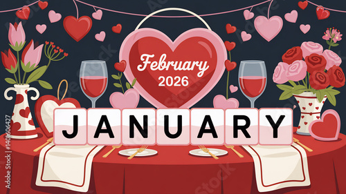 A beautiful table setting with flowers and hearts, ready for a romantic dinner in February.
