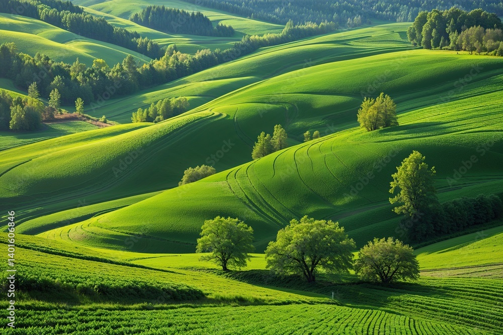 Obraz premium Emerald Rolling Hills: An Enchanting Abstract Landscape of Agricultural Serenity in Moravia, Czech Republic