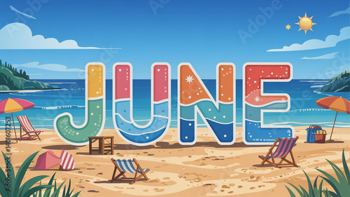 A cheerful illustration of June displayed on a beach, promising summer adventures and perfect holidays.