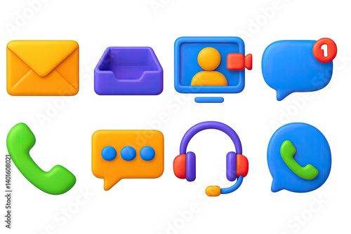 3D icon set of digital workspace tools: cloud storage, folder icon, shared drive, screen share, collaboration app, video call, file upload, data sync. 3d icons. Generated icons set of 3d style in a