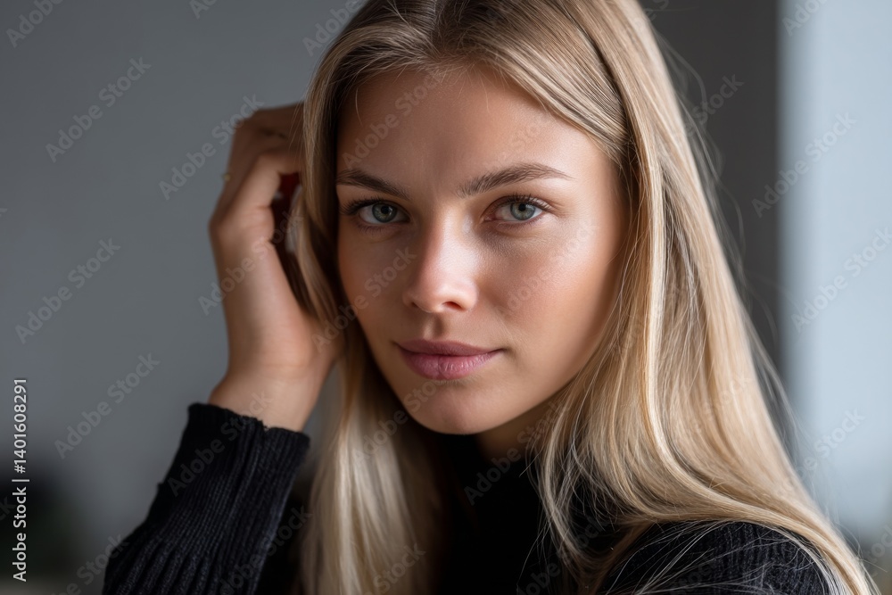 Portrait of a young woman with long blond hair, fair skin, and light eyes, against a neutral background, looking directly at the camera.