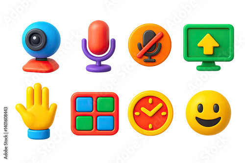 3D icon set of virtual meetings: webcam, microphone, mute icon, share screen, raise hand, group grid, meeting timer, reaction emoji. 3d icons. Generated icons set of 3d style in a modern design.