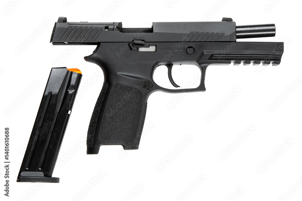 Modern semi-automatic black pistol with slide open and magazine ejected, isolated on white back Modern semi-automatic black pistol with slide open and magazine ejected, isolated on white back