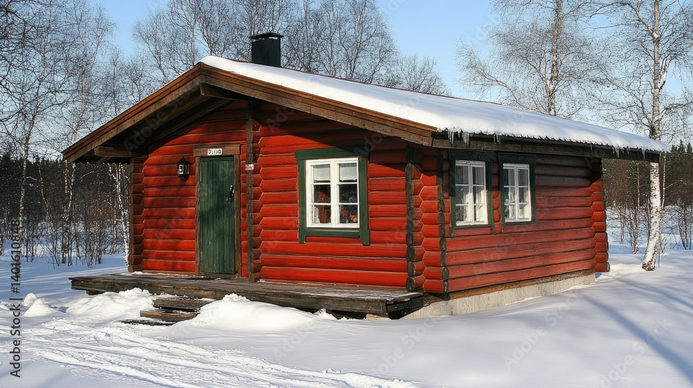 A rustic log cabin in the snow-covered mountains, offering winter tourism and adventure experiences A rustic log cabin in the snow-covered mountains, offering winter tourism and adventure experiences