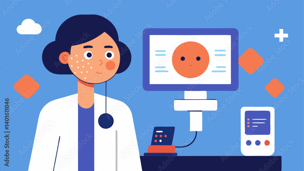 Skin Analysis Consultation A depiction of a doctor using a skin analysis device while examining a patients skin closely showing various skin concerns on a monitor. Skin Analysis Consultation A depiction of a doctor using a skin analysis device while examining a patients skin closely showing various skin concerns on a monitor.