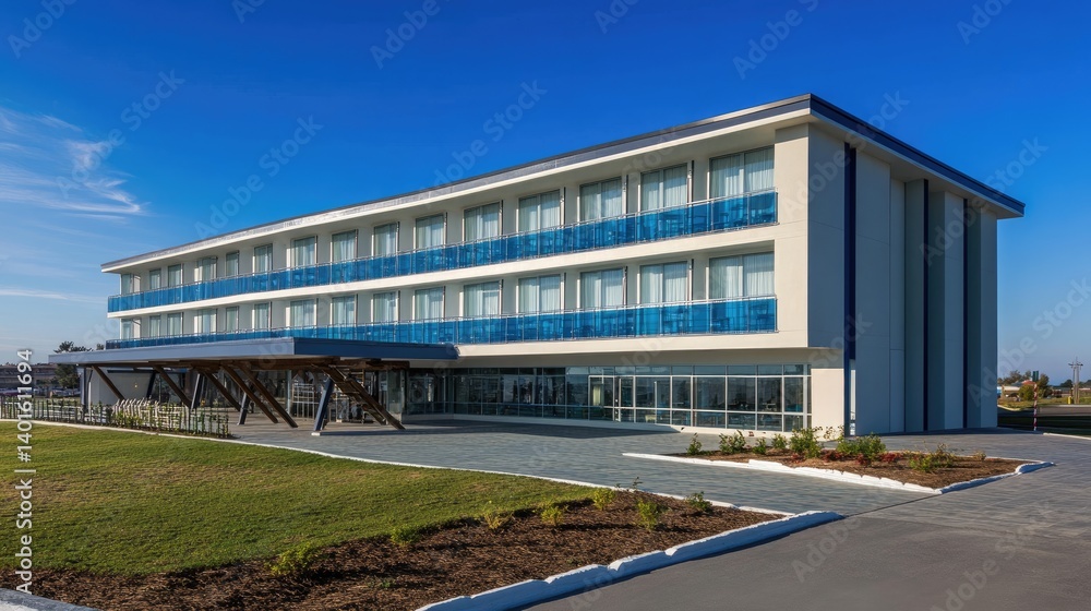 Bright coastal hotel with glass balconies and blue-accented modern finishes Bright coastal hotel with glass balconies and blue-accented modern finishes