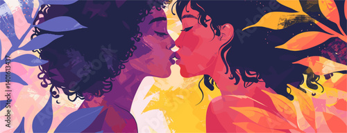 Two Women of Different Ethnicities Kissing Amidst Abstract Floral Elements