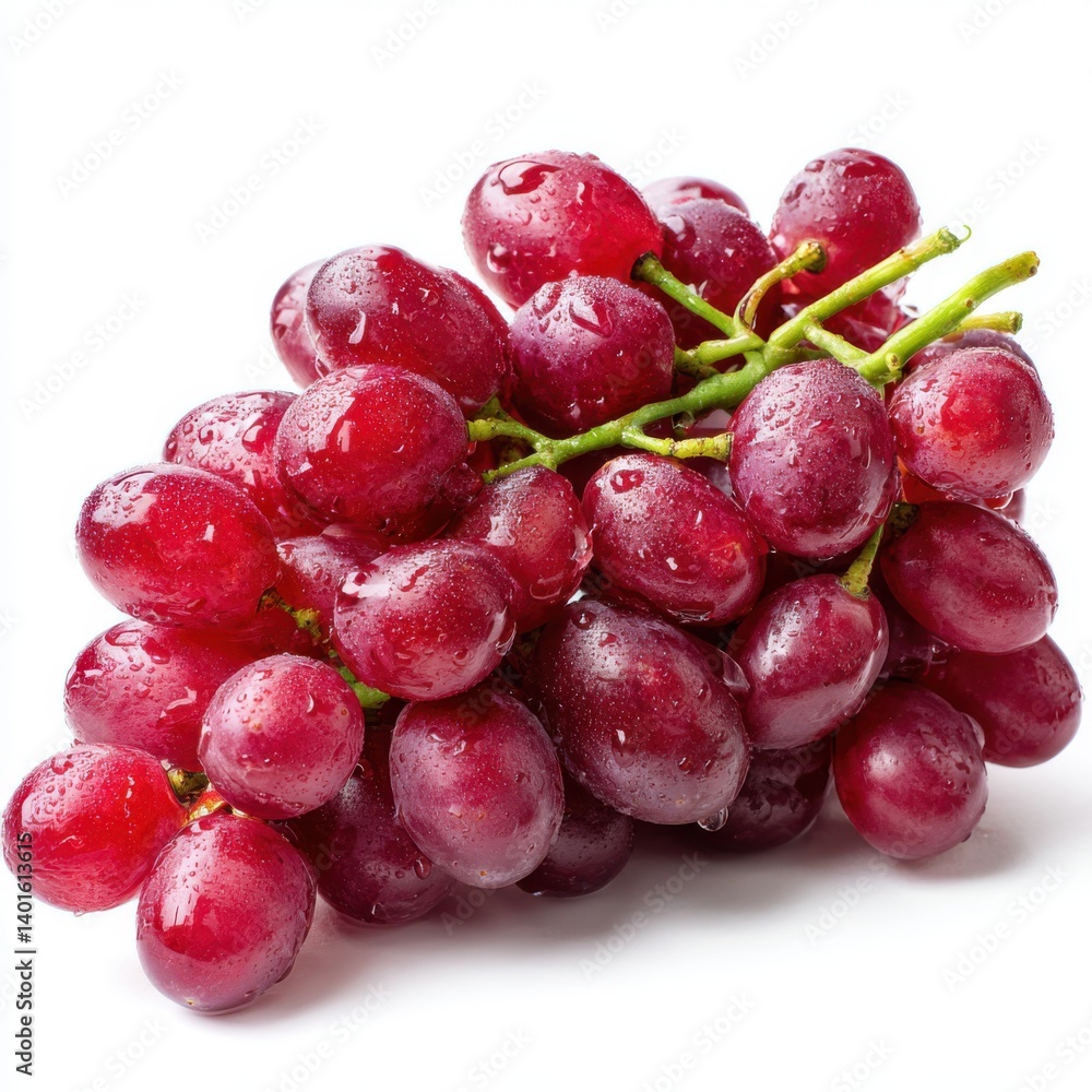 Close up view of a bunch of red grapes with water droplets isolated on white background Close up view of a bunch of red grapes with water droplets isolated on white background