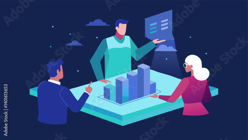 Client Presentation An architect presenting a building design to clients using a holographic projector with the design floating above a table capturing the clients attention.