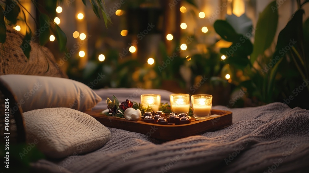 Evening turndown service setup with lights dimmed and pillow chocolates placed