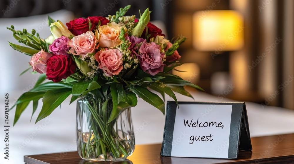 Obraz premium Fresh flowers in vase beside note saying Welcome, dear guest on the nightstand