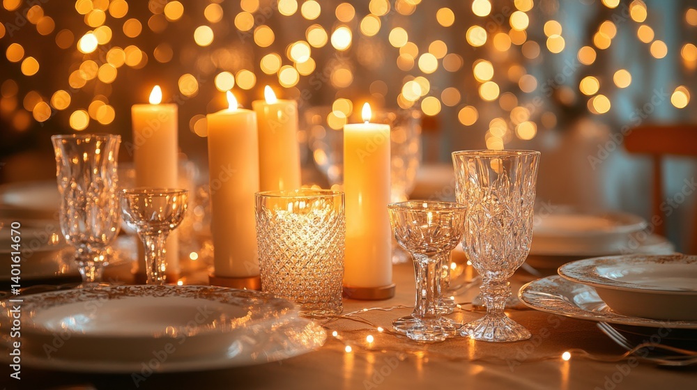 Elegant candlelit dinner setting with sparkling glassware and warm bokeh Elegant candlelit dinner setting with sparkling glassware and warm bokeh