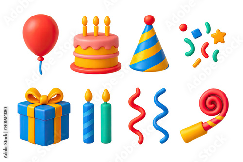 Fototapeta 3D icon set of employee perks: free snacks, gym membership card, team lunch, flexible schedule calendar, birthday balloon, office pet, swag pack, gift card. 3d icons. Generated icons set of 3d style