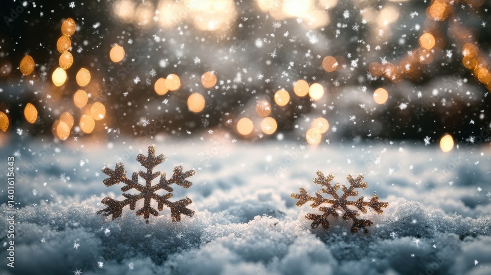 Snowflakes resting on a snowy surface with a soft bokeh background Snowflakes resting on a snowy surface with a soft bokeh background