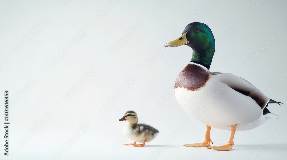 Mallard Duck And Duckling Portrait On White Background Showing Details Of Colorful Feathers And Natural Beauty Mallard Duck And Duckling Portrait On White Background Showing Details Of Colorful Feathers And Natural Beauty