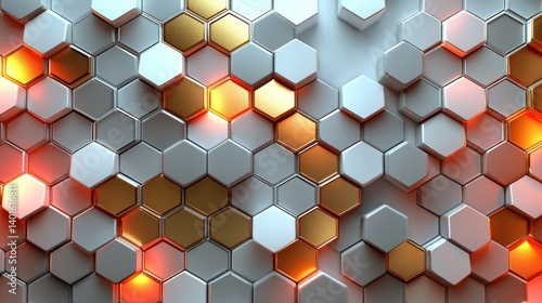 Abstract Hexagon Pattern: Golden and Silver Honeycomb Structure with Glowing Lights