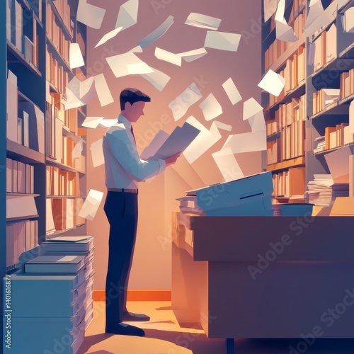 Employee scans documents for digital archiving in a low poly office setting with papers in motion