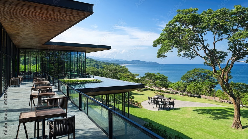 Fototapeta premium Ocean-view hotel with large glass balconies and modern tropical design