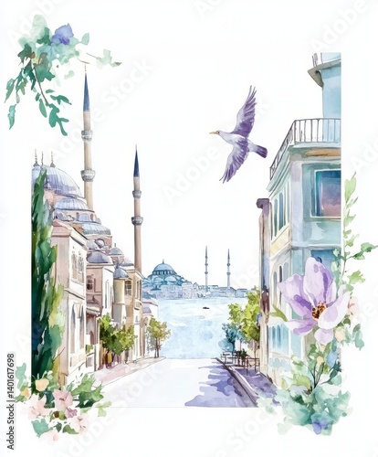 Istanbul street element frame for Post-it notes showcasing rich watercolor details and iconic architecture against a white background