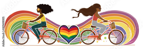 Lesbian Couple Riding Bicycles with Rainbow Hearts and Trails