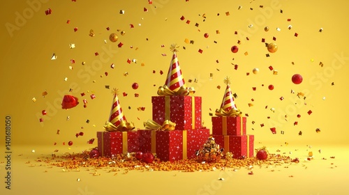 Joyful Celebration: Red and Gold Gift Boxes with Party Hats