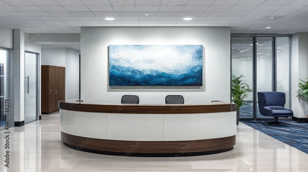 Fototapeta premium Reception area with curved desk design, abstract artwork, and calming lighting