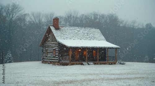 Snowy Log Cabin in Winter Wonderland