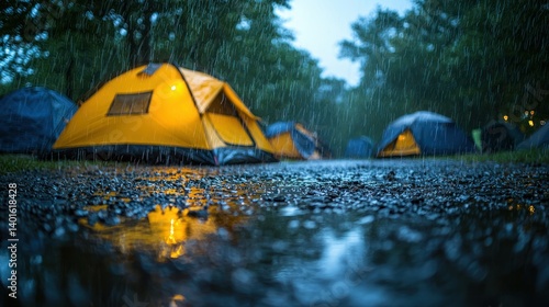 Rainy Camping Night: Illuminated Tents Under the Downpour