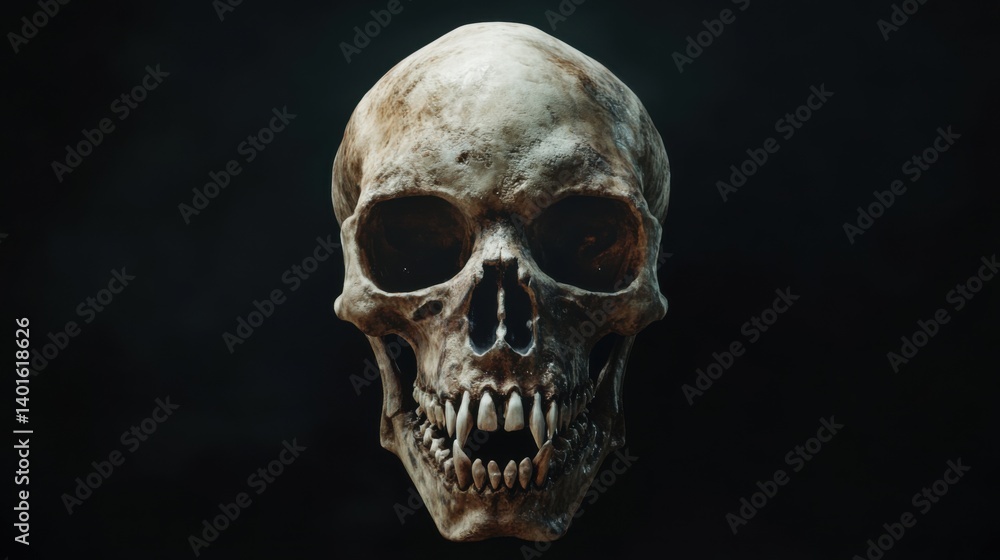 A Detailed Closeup of a Human Skull with Prominent Fangs Against a Dark Background, a Spooky Halloween Image A Detailed Closeup of a Human Skull with Prominent Fangs Against a Dark Background, a Spooky Halloween Image