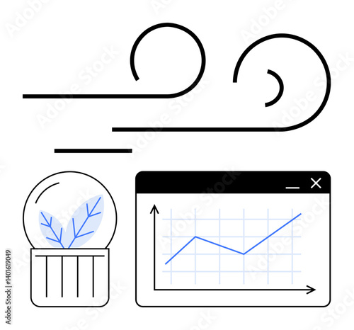 Wind currents, plant in a jar, and upward data trend in a graph emphasize sustainability, growth, and analytics. Ideal for environment, data, innovation ecology business progress research. Flat