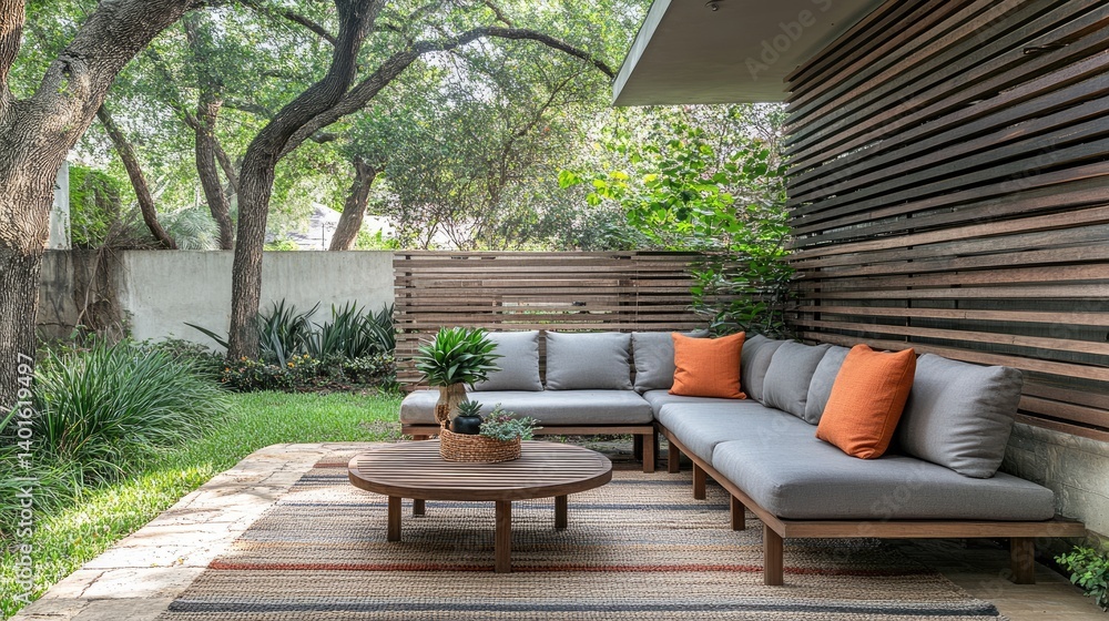 Fototapeta premium Backyard view with layered horizontal slat fence for visual privacy and shade