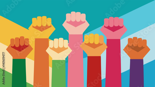 Raised Fists A closeup of several raised fists of different skin tones with a background of colorful banners advocating for human rights ing solidarity and strength in