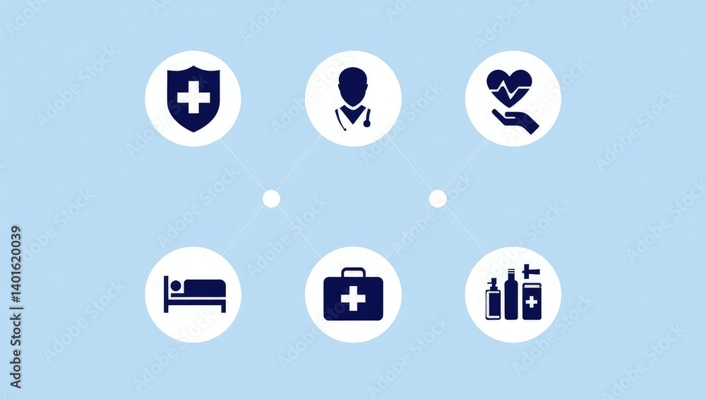 Naklejka premium Health insurance and medical care concept. A set of wooden blocks displaying health-related icons, medical care, health insurance, and medication. healthcare services, protection, insurance coverage,